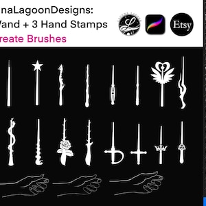 Puede incluir: Un conjunto de 18 pinceles de varita blanca Procreate y 3 pinceles de sello de mano. Los pinceles están diseñados para usarse en la aplicación Procreate. Los pinceles se muestran sobre un fondo negro. El texto "Laguna LagoonDesigns: 18 Wand + 3 Hand Stamps Procreate Brushes" se muestra en la parte superior de la imagen.