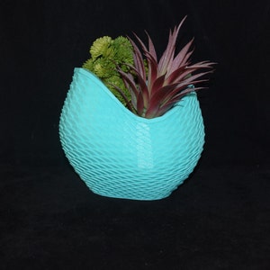 May include: A turquoise blue ceramic planter with a textured, scaly surface. The planter is filled with a green succulent and a red succulent.