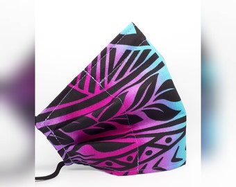 Magenta Aqua Lavender Polynesian Tribal print cotton-poly cotton fabric mask.  Reverses to solid black.