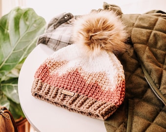 Mountain Range Winter Hat | Blush Pink and Mauve Mountains with Soft Brown and White | Adult Women's Men's Winter Hat | Faux Fur Pom Pom Hat