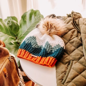 Mountain Range Winter Hat | Blue Mountains with Orange and White | Adult Women&#39;s Men&#39;s Winter Hat | Faux Fur Pom Pom Hat | Beanie
