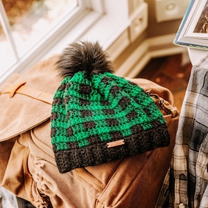 Plaid Winter Hat | Green Buffalo Check | Buffalo Plaid Adult Women&#39;s Men&#39;s Winter Hat | Faux Fur Pom Pom | Beanie