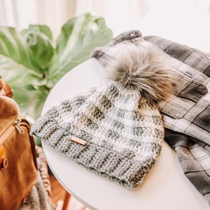 Plaid Winter Hat | Gray Buffalo Check | Buffalo Plaid Adult Women&#39;s Men&#39;s Winter Hat | Faux Fur Pom Pom | Beanie