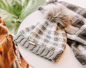 Plaid Winter Hat | Gray Buffalo Check | Buffalo Plaid Adult Women's Men's Winter Hat | Faux Fur Pom Pom | Beanie
