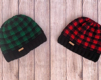 Plaid Winter Hat | Green Red Buffalo Check | Buffalo Plaid Adult Women's Men's Winter Hat | Beanie