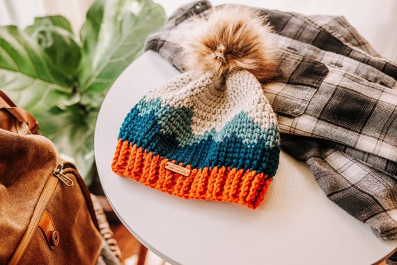 Mountain Range Winter Hat Blue Mountains With Orange and Linen Adult Women s Men s Winter Hat Faux Fur Pom Pom Hat Beanie Etsy Australia
