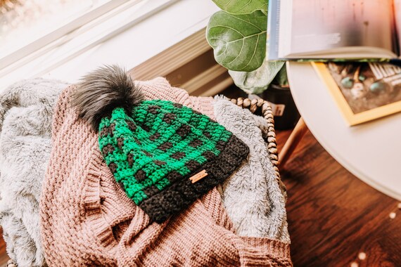 Plaid Winter Hat Green Buffalo Check 