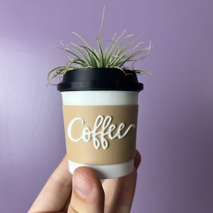 May include: A small, white coffee cup planter with a tan sleeve that reads "Coffee" in cursive. The cup is topped with a black lid and contains a small, green air plant. The background is a solid purple.