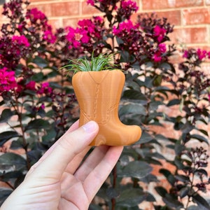May include: A small brown cowboy boot planter with a green air plant inside. The boot planter is being held in a hand against a background of a brick wall and a bush with pink flowers.