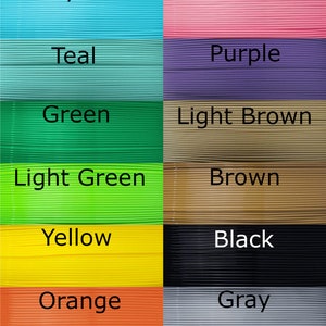 May include: A colour chart showing 3D printing filament in a range of colours. The colours displayed are blue, dark blue, cyan, pink, teal, purple, green, light brown, light green, brown, yellow, black, orange, grey, red, and white.
