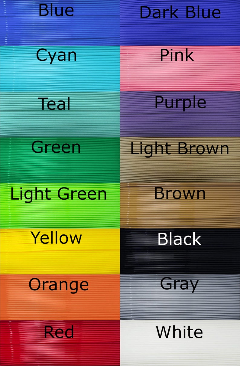 May include: A colour chart showing 3D printing filament in a range of colours. The colours displayed are blue, dark blue, cyan, pink, teal, purple, green, light brown, light green, brown, yellow, black, orange, grey, red, and white.