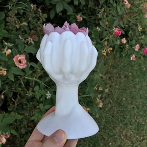 May include: A white vase in the shape of hands, holding pink flowers. The vase has a pedestal base and a smooth finish. The background shows green foliage and pink roses.