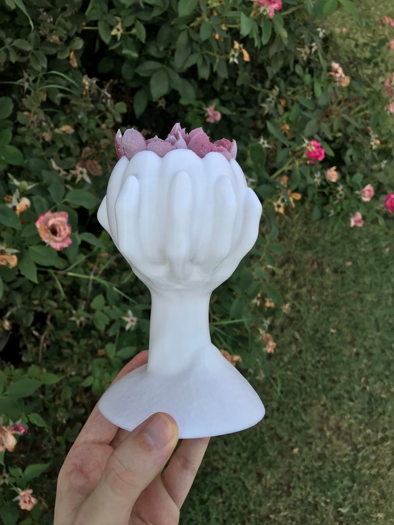 May include: A white vase in the shape of hands, holding pink flowers. The vase has a pedestal base and a smooth finish. The background shows green foliage and pink roses.