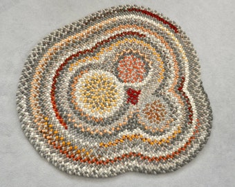 Braided rug, hand braided, free form shape, gray/orange, 48 x 44", 100% wool fabric