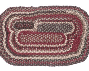 Braided rug, crafted by hand, one of a kind, contemporary shape, burgundy, brown/beige