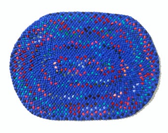 Hand made braided rug, blue multi colors, oval 26 x 36", all wool.