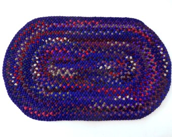 Braided rug, hand braided, wool fabric, oval shape, 26.5 x 43 in., purple and blue multi colors.