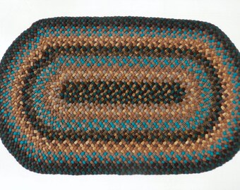 Braided rug, hand braided, one of a kind, all wool, oval shape 29" x 48", brown/turquoise/gold.