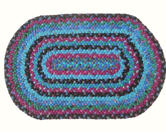 Braided rug, hand braided, one of a kind, oval shape, 34.5 x 25", turquoise/blue/magenta/black