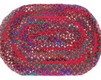 Braided rug, hand braided, one of a kind, red multi colors, oval shape, 39 x 27".