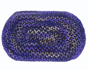Braided rug, hand braided, one of a kind, wool fabric, oval, 23 x 37", purple multi colors