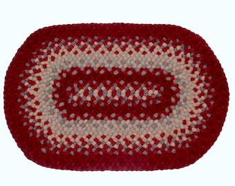 Hand made braided rug, wool, red/beige, oval