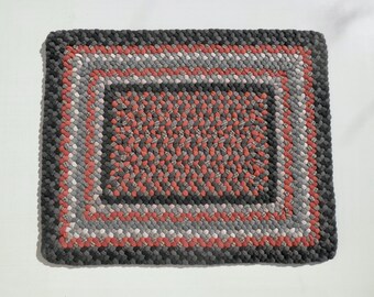 Hand made braided rug, rectangle, gray, burnt orange, wool, one of a kind.