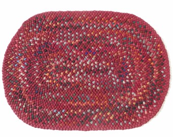 Braided rug, hand braided, one of a kind, 100% wool, oval 30 x 41", burgundy multi color