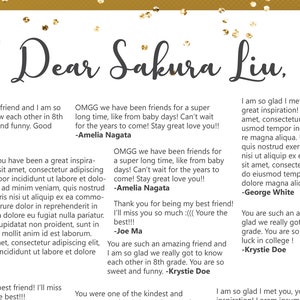 May include: A white card with gold glitter confetti and handwritten messages in black ink. The card says "Dear Sakura Liu." and includes several messages from friends wishing her well.