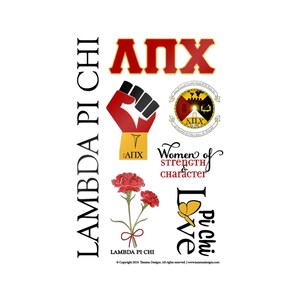 Könnte beinhalten: Eine weiße Grafik mit Lambda Pi Chi-Symbolen. Sie zeigt einen roten und schwarzen Faust, ein gold-schwarzes Emblem, rote Nelken und die Worte "Women of Strength & Character".