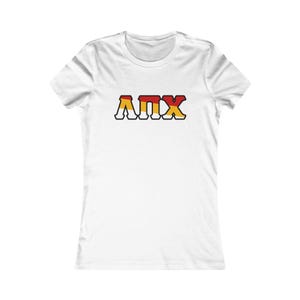 May include: White t-shirt featuring the word "ANX" in a bold, stylized font. The letters are coloured in a gradient of yellow, orange, and red, outlined in black. The shirt has a crew neck and short sleeves.