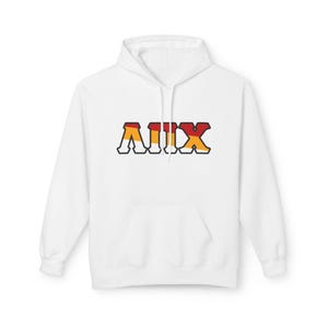 May include: White hooded sweatshirt with a front pocket and the word "AIIX" in orange, yellow, and red block letters. The letters have a black outline. The sweatshirt is made of a soft material.