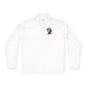 May include: White long-sleeved pullover shirt with a quarter-zip collar. The shirt has a small graphic on the chest of a black silhouette of a woman's head with butterflies and a red and black design.