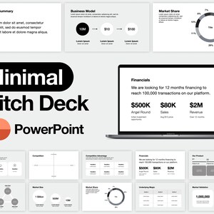 Könnte beinhalten: Eine minimalistische Pitch-Deck-Vorlage für PowerPoint-Präsentationen. Die Vorlage verfügt über ein Schwarz-Weiß-Farbschema mit einem einfachen Design. Die Folien umfassen Abschnitte für eine Zusammenfassung, ein Geschäftsmodell, Marktanteile, Finanzen, Wettbewerb, Wettbewerbsvorteile, Gründungsteam, Marktgröße, Marktanteile, zugrunde liegende Magie und Marktvalidierung.
