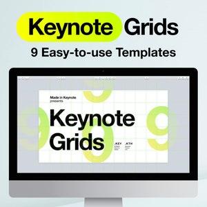 May include: A computer screen displaying a Keynote presentation with the title "Keynote Grids" and a grid layout with green and yellow circles. The text "Made in Keynote presents" is also visible.