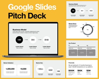 May include: A Google Slides pitch deck template with a yellow background. The deck includes slides for a business model, market validation, market size, our product, and financials. The slides feature charts, graphs, and text.