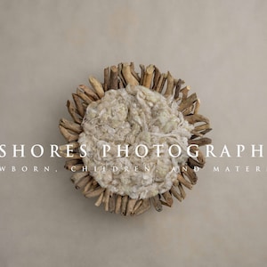 May include: A white, fluffy, circular nest made of woven twigs, perfect for newborn photography props. The nest is on a light beige background with the text "SHORES PHOTOGRAPHY NEWBORN, CHILDREN AND MATERNITY" below it.