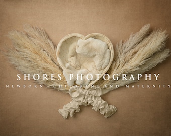 Op de afbeelding: Een hartvormige houten kom met een wit, pluche deken erin, omringd door twee bundels gedroogd pampasgras. De tekst "SHORES PHOTOGRAPHY NEWBORN CHILDREN AND MATERNITY" staat onder de kom.