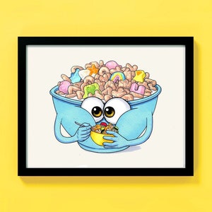 Lámina artística de cereales Lucky Charms con duendes comiendo // Arte mural ilustrado, personaje original, comida ilustrada
