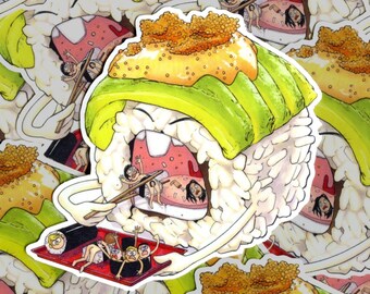 Sushi Roll Decal Sticker Eating Humans // Vinyl waterproof sticker, Sushi Illustration, Original Character, Humans