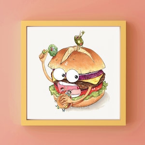 Cheeseburger Art Print Eating a Human Sandwich // Food Illustration, Weird art print, Original character, Burger