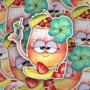 Erdbeere Margarita Aufkleber trinken Mensch // Aufkleber, Vinyl wasserdichter Aufkleber, Getränk Illustration, Originalcharakter,