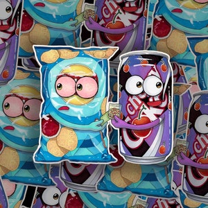 May include: A colorful illustration of two cartoon characters, one a blue bag of chips and the other a purple can of soda, both with cherries and the word "Cherry" on them. The characters are holding small bags of chips.