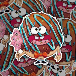 Chocolate Donut Decal Sticker Eating Cotton Candy Humans // Vinyl waterproof sticker, Donut Illustration, Original Character, Candy