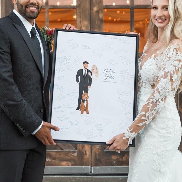 Alternative Wedding Guest Book, Custom portrait of newlywed couple with pet, art commission, custom sign, canvas print, wedding, engagement