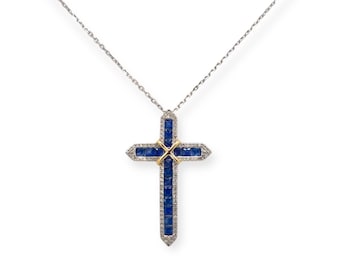 Sapphire & Diamond Cross Pendant 18k White Gold