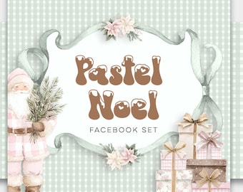 コケット クリスマス Facebook セット: エレガントでプレッピーなピンクのサンタ FB バナー (すぐにダウンロード可能、カスタマイズはオプション)