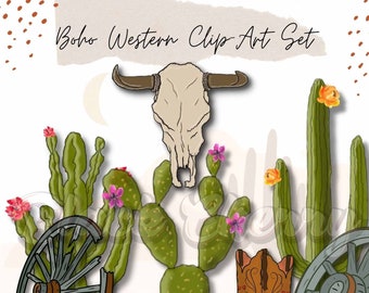 Western ClipArt Set, Boho Western Graphics, Cactus Graphics, Bull Skull Graphic, Wagon Wheel PNG, Cowgirl Boots Spur, Southwest Graphics PNG