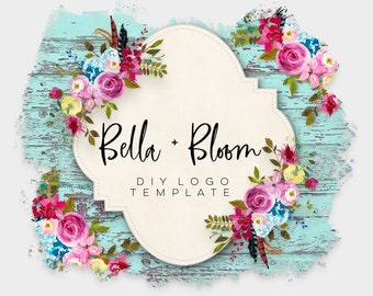Boho Floral + Feathers Logo: Rustic Boutique Branding (PNG Instant Download)