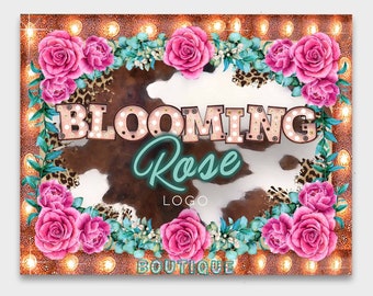 Logotipo de boutique floral rústica: descarga instantánea. Diseño de piel de vaca estilo western y rosas.